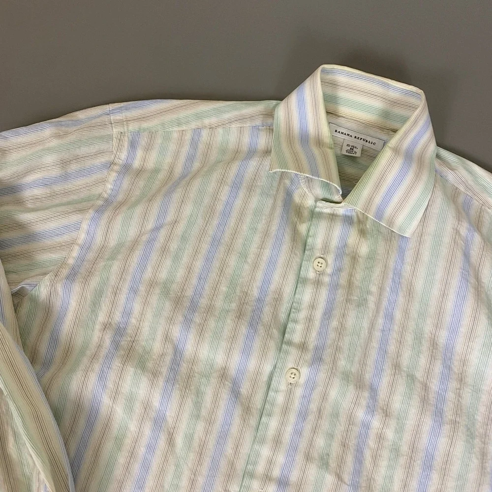 Banana Republic Button Down Shirt Mens M 15-15.5 Striped Blue Green White Cotton